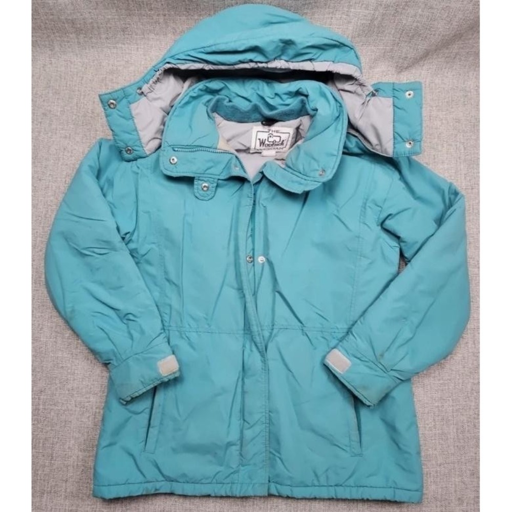 VINTAGE Woolrich Woman Jacket Womens Medium Blue Hooded Parka Made USA 90s